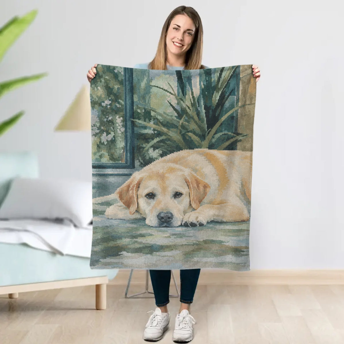 Personalised Blanket - Watercolour Woven Pet in Sunlit Conservatory