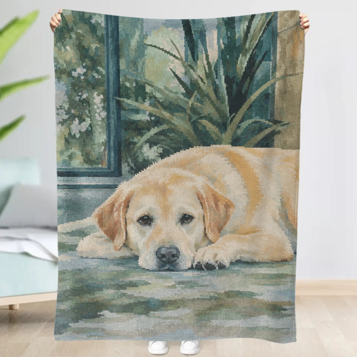 Personalised Blanket - Watercolour Woven Pet in Sunlit Conservatory