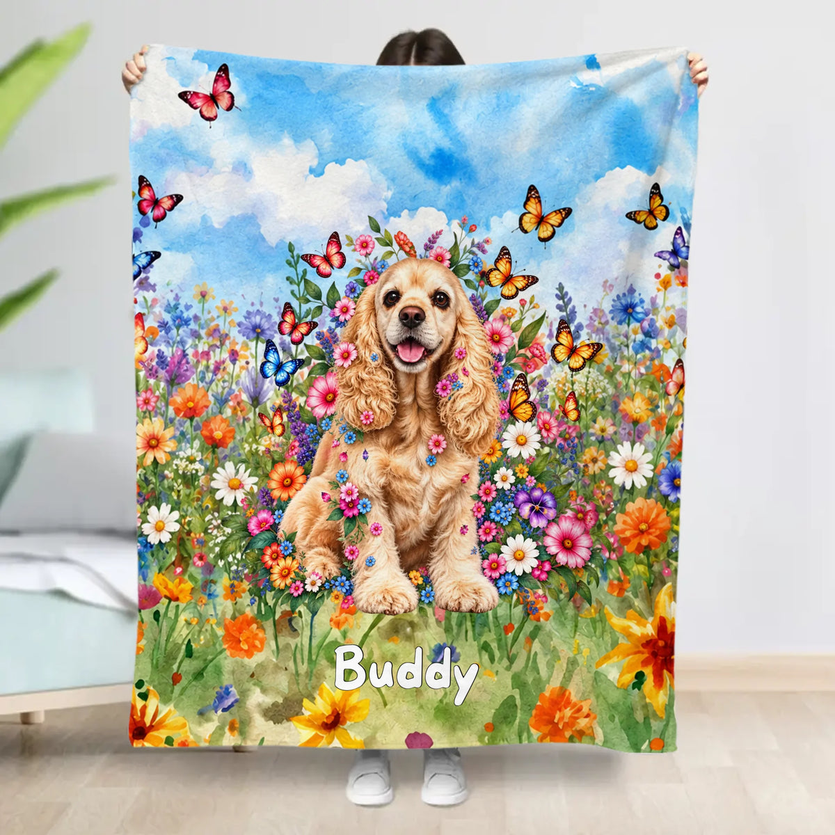 Personalised Blanket - Watercolour Floral Meadow Duo Pets