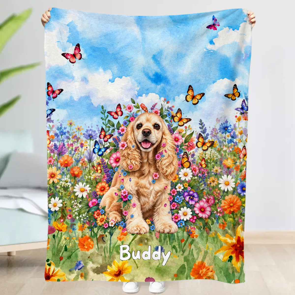 Personalised Blanket - Watercolour Floral Meadow Duo Pets