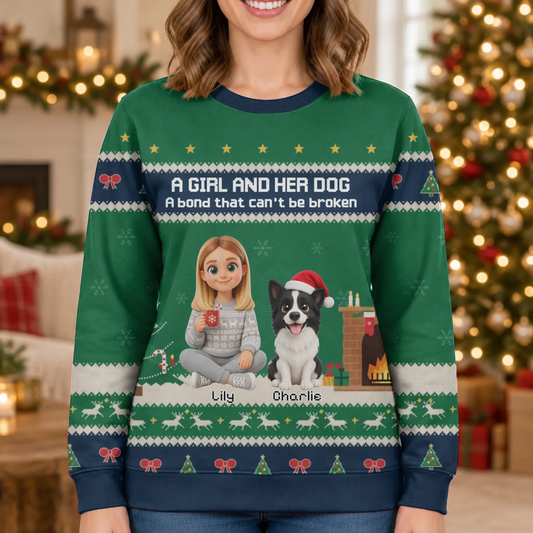 Personalised Ugly Christmas Sweater - Girl and Dog Christmas
