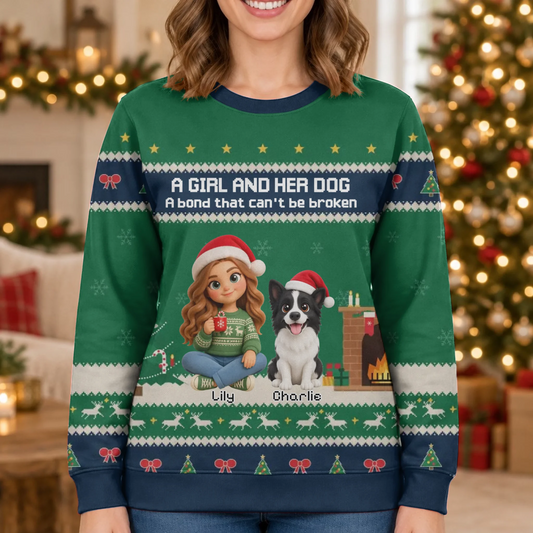 Personalised Ugly Christmas Sweater - Girl and Dog Christmas