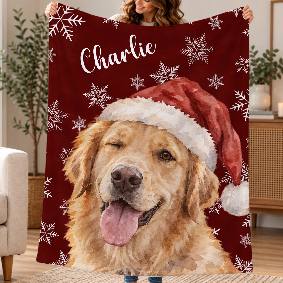 Personalised Blanket - Christmas Snowflake Dog Portrait