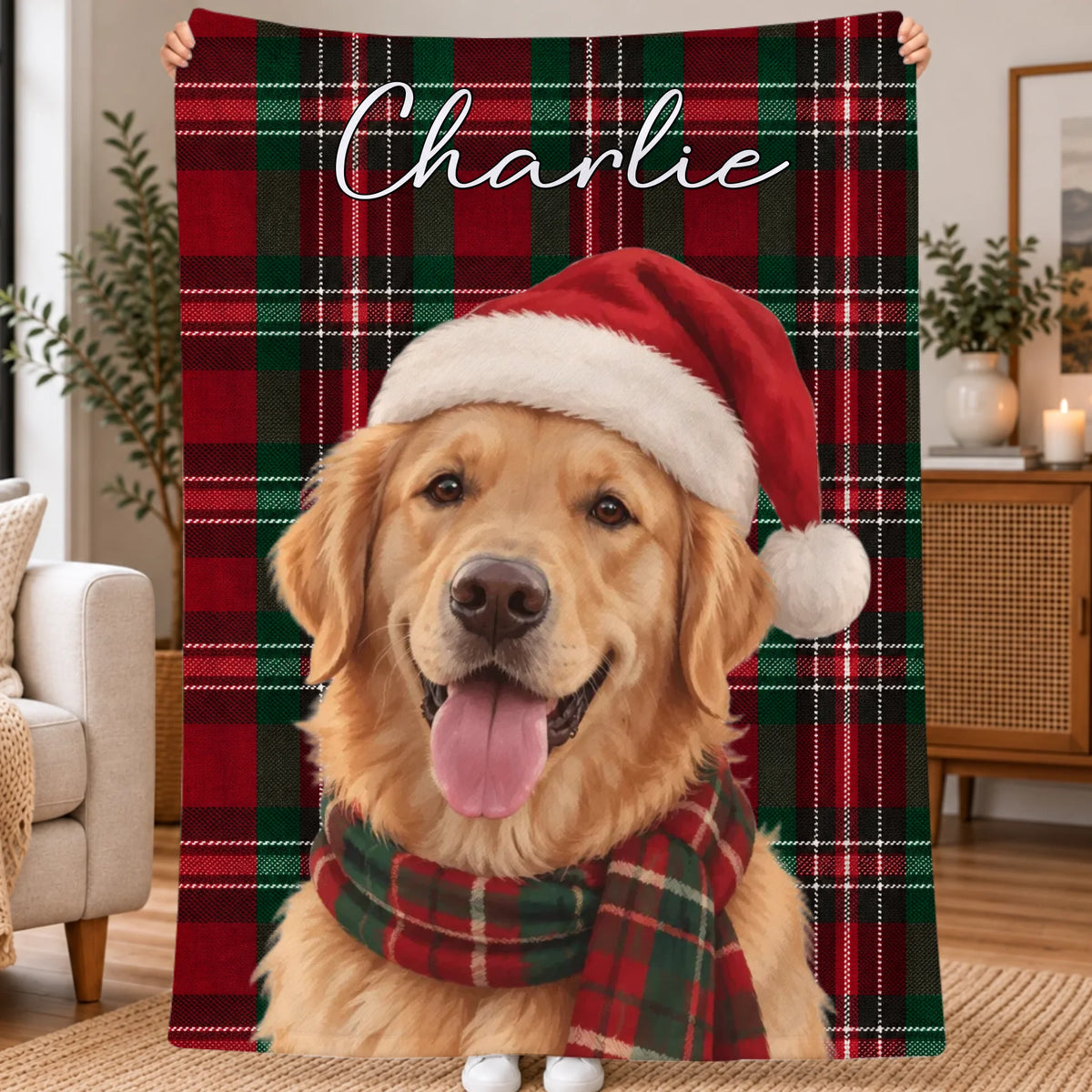 Personalised Blanket - Buffalo Plaid Christmas Dog Portrait