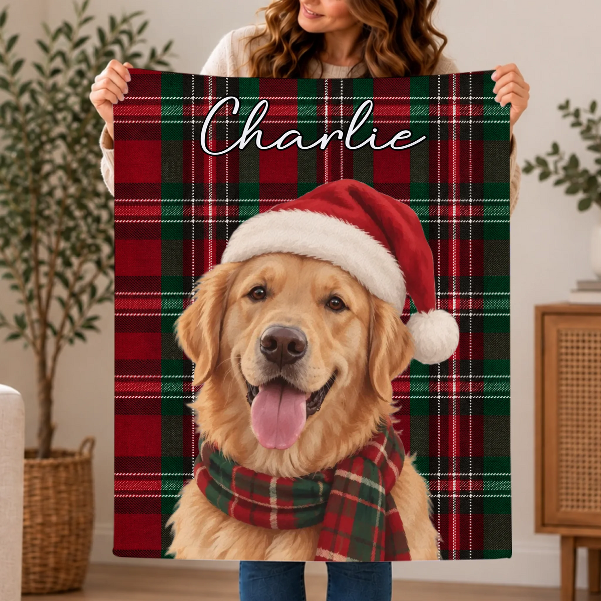 Personalised Blanket - Buffalo Plaid Christmas Dog Portrait
