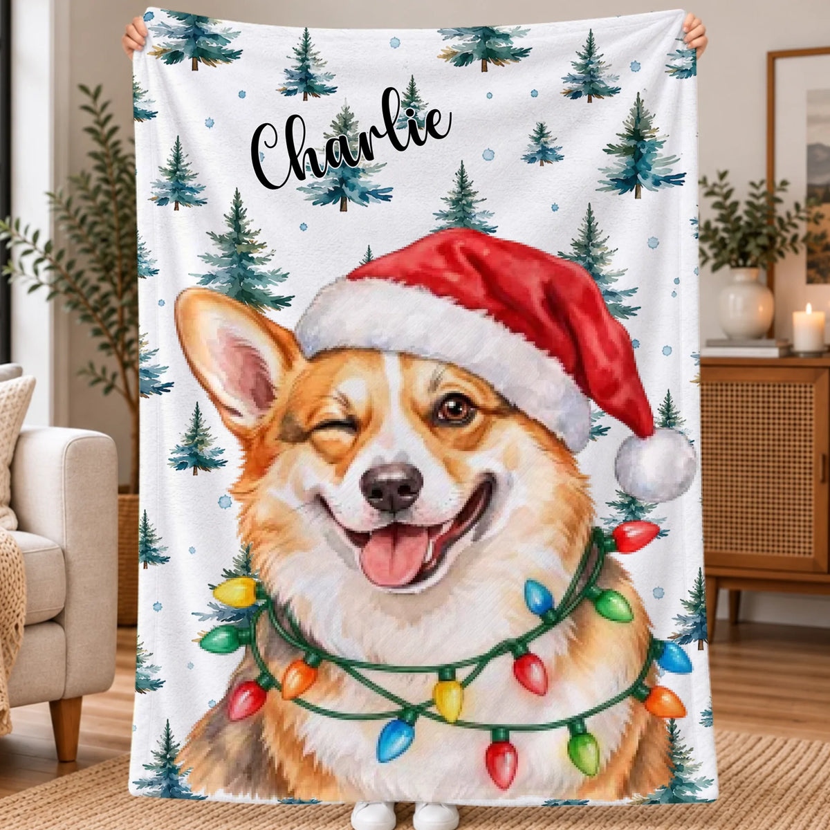 Personalised Blanket - Hand Drawn Christmas Santa Dog